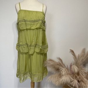 Pura Seta | 100% Silk Green Embroidered Tiered Mini Dress